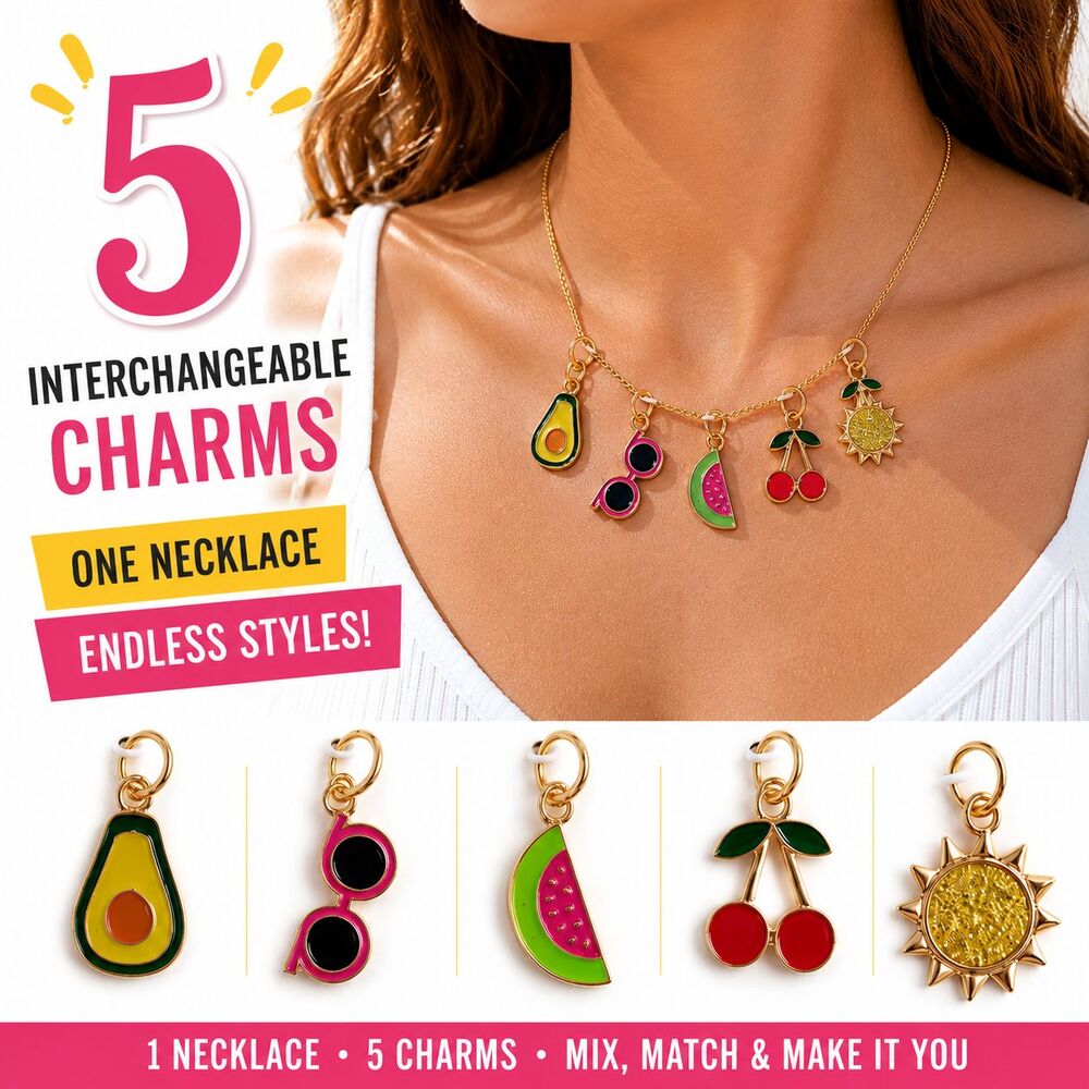 Interchangeable Charm Necklace 5 Charms Gold Tone Fruit Summer Cute Jewelry
